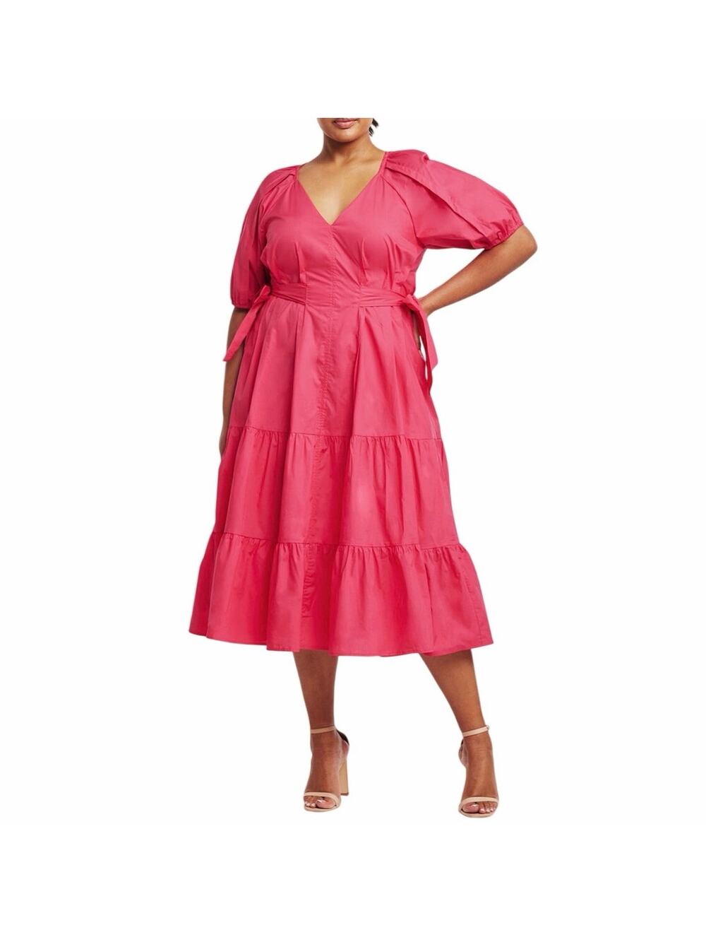 Estelle 20W Marissa Puff Sleeve Cotton Midi Dress New